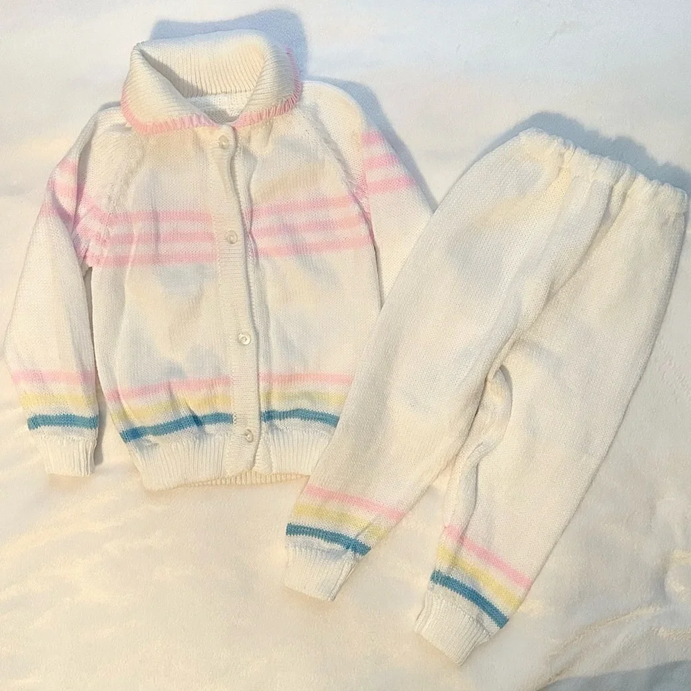 Vintage Hand Knit 2pc Outfit Cardigan Sweater & Pants Girls Toddler 2T stripe